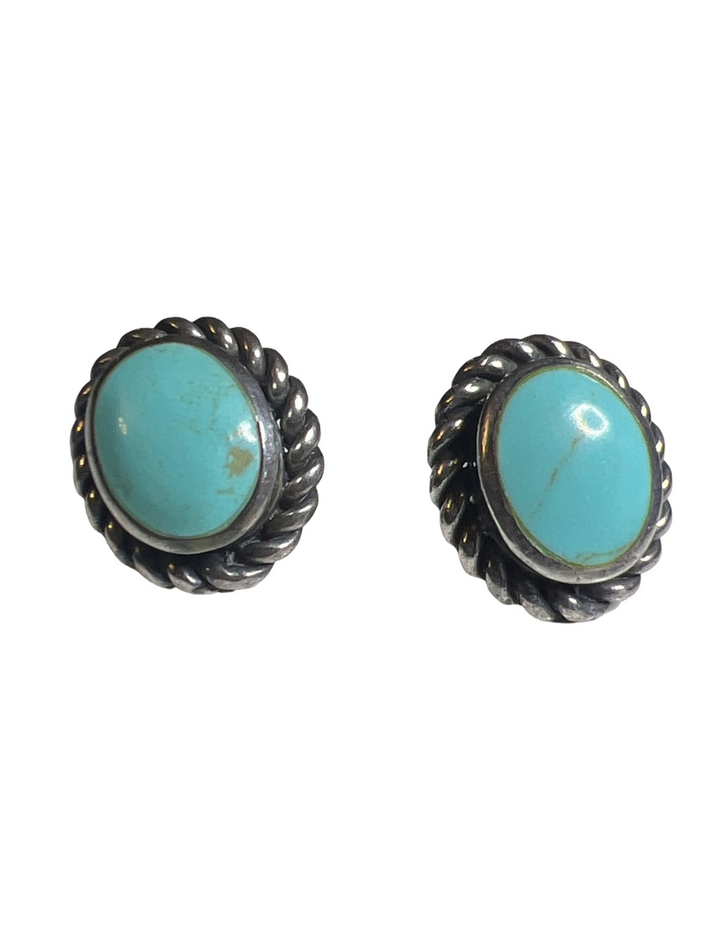 Vtg sterling silver Rope 925 signed CFJ  turquoise pierced earrings